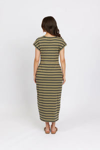 Woman wearing a khaki stripe midi dress, short sleeves, back view, casual fashion.