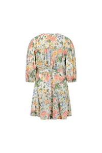 Back view of a short floral dress with puff sleeves and a belted waist, pastel flower print