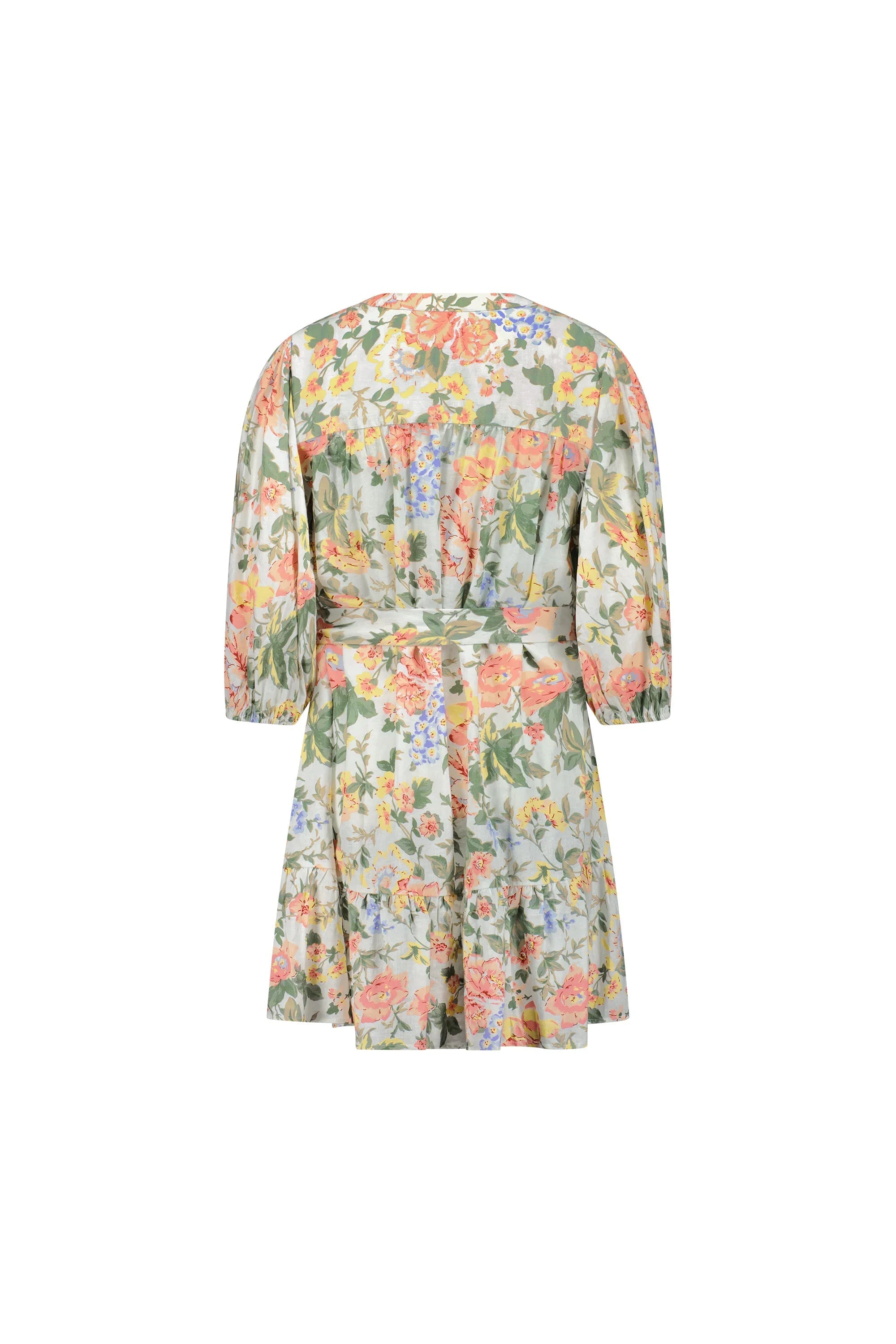 Back view of a short floral dress with puff sleeves and a belted waist, pastel flower print