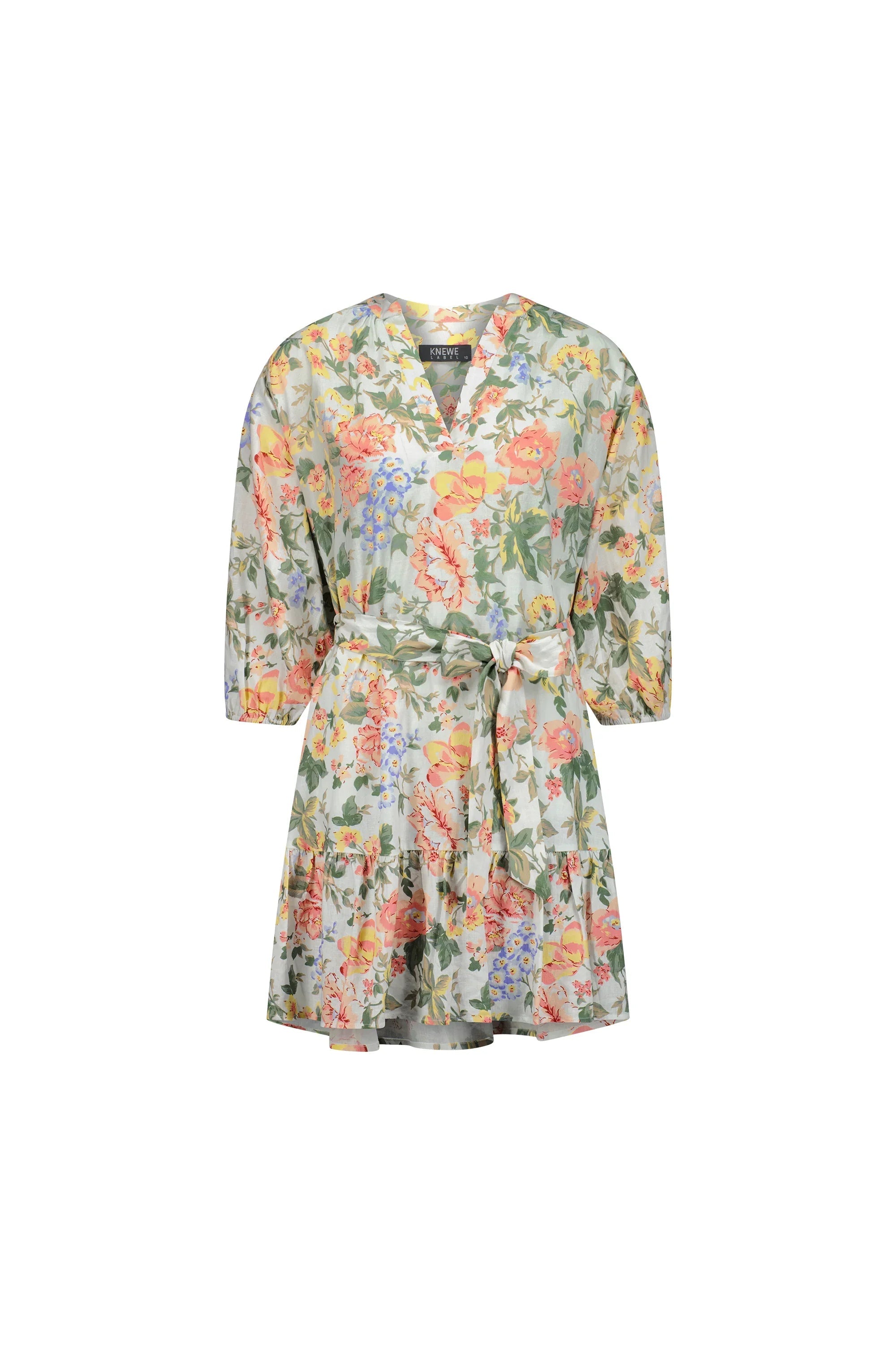 Floral print knee-length dress with tie waist and v-neck, three-quarter sleeves