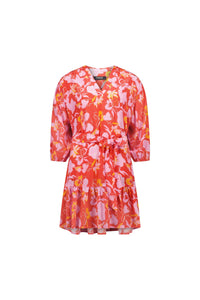 Red floral mini dress with pink and yellow print, v-neck, elbow sleeves, belted waist, ruffle hem