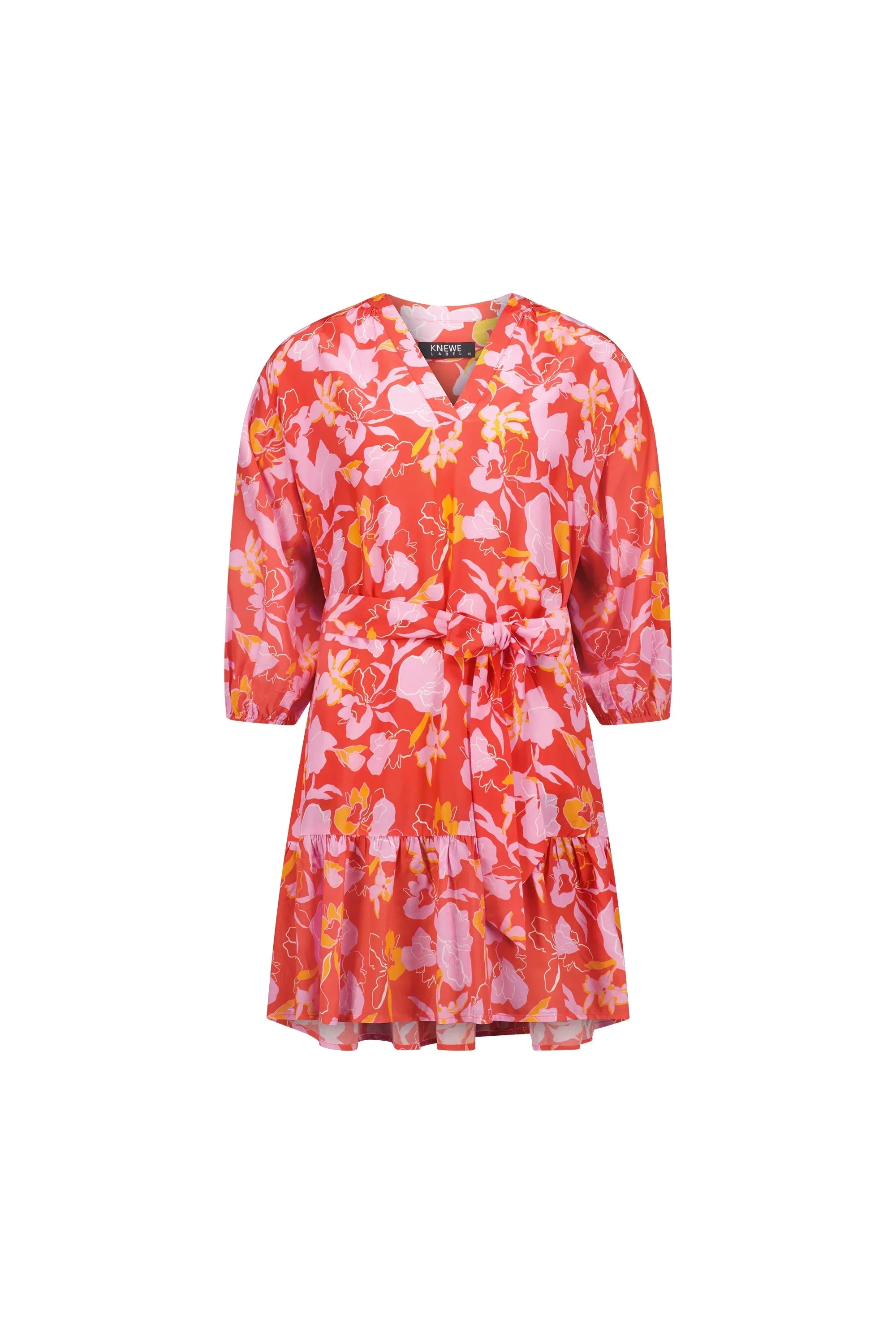 Red floral mini dress with pink and yellow print, v-neck, elbow sleeves, belted waist, ruffle hem