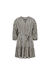Black and white geometric print short dress with half sleeves and tiered skirt
