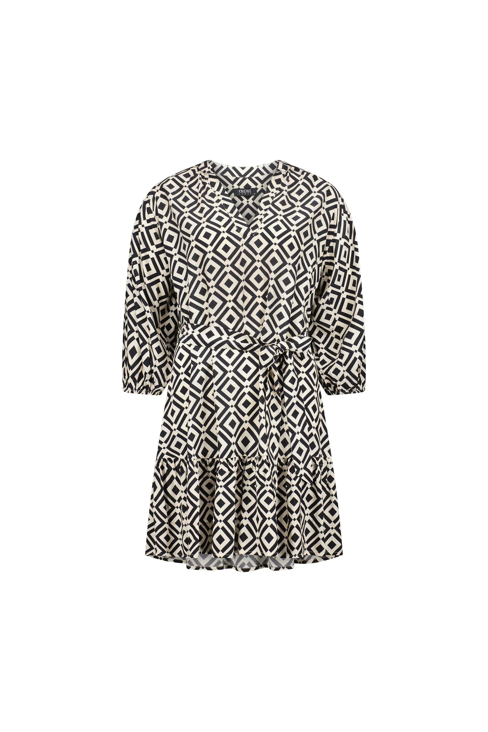 Black and white geometric print short dress with half sleeves and tiered skirt