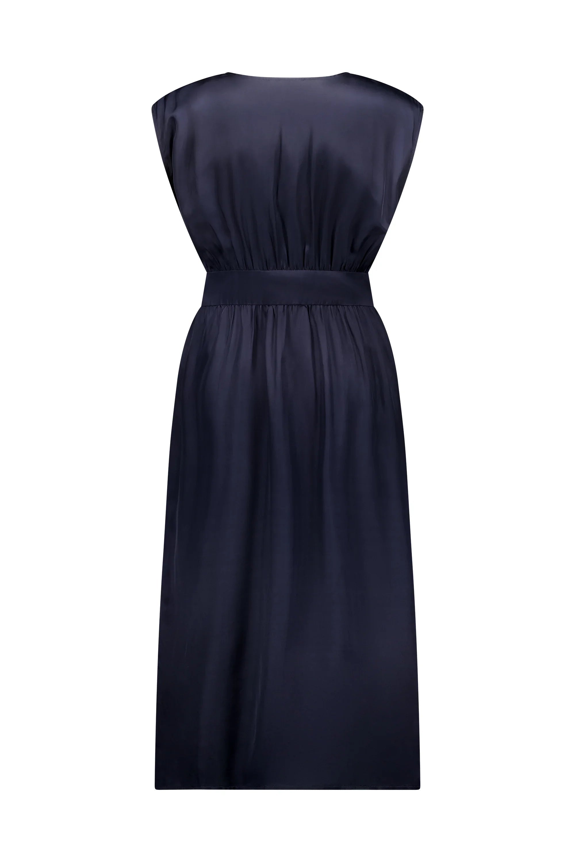 Back view of sleeveless dark navy midi dress with gathered waist and silky texture