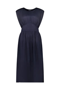 Sleeveless navy midi dress with a gathered waist, contemporary minimalist design