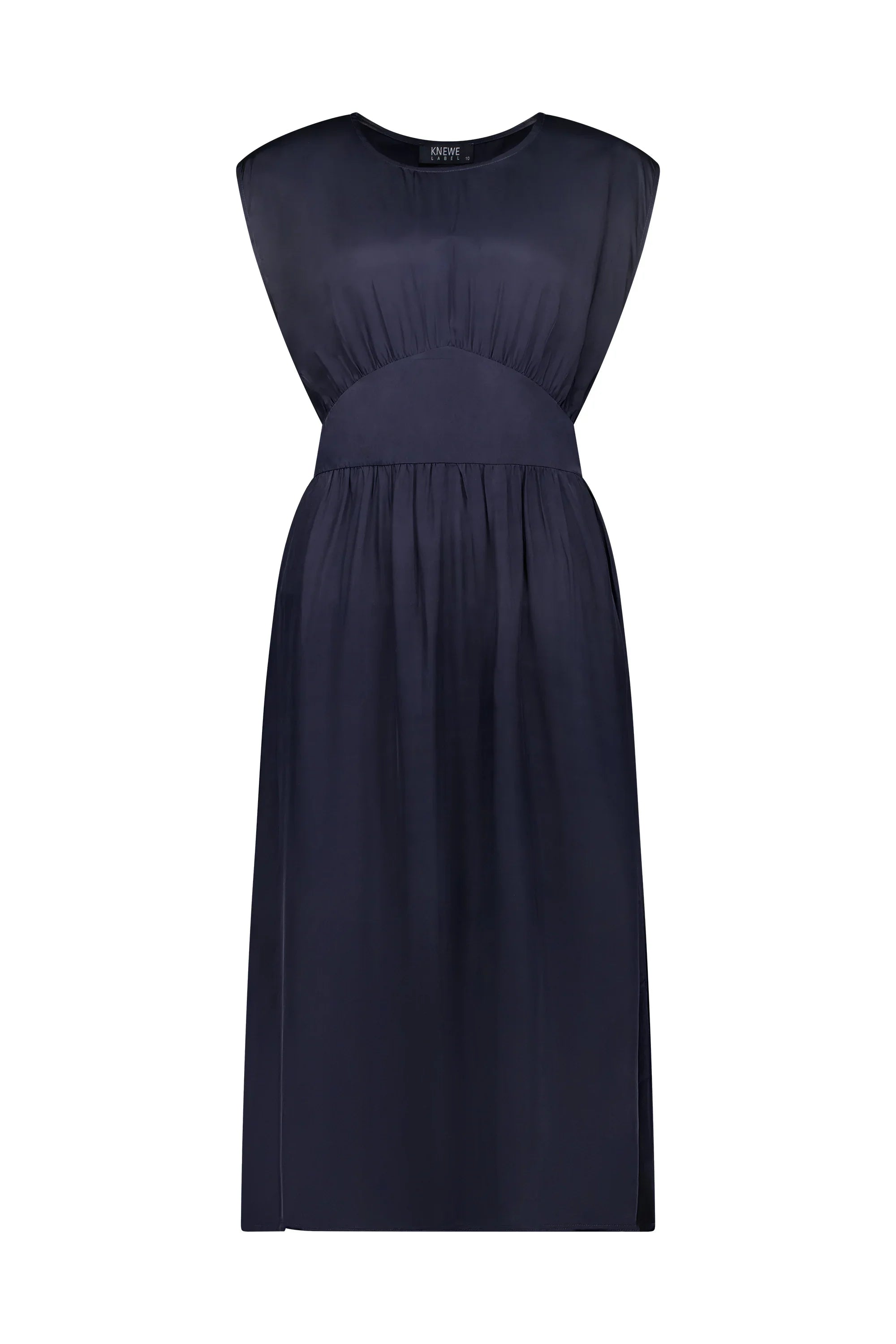 Sleeveless navy midi dress with a gathered waist, contemporary minimalist design