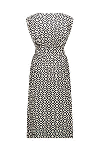Back view of black and white geometric print midi dress with sleeveless design