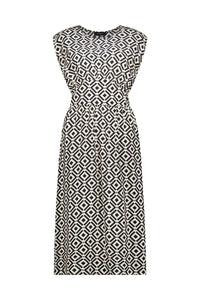 Sleeveless black and white geometric print midi dress with gathered waist, front view