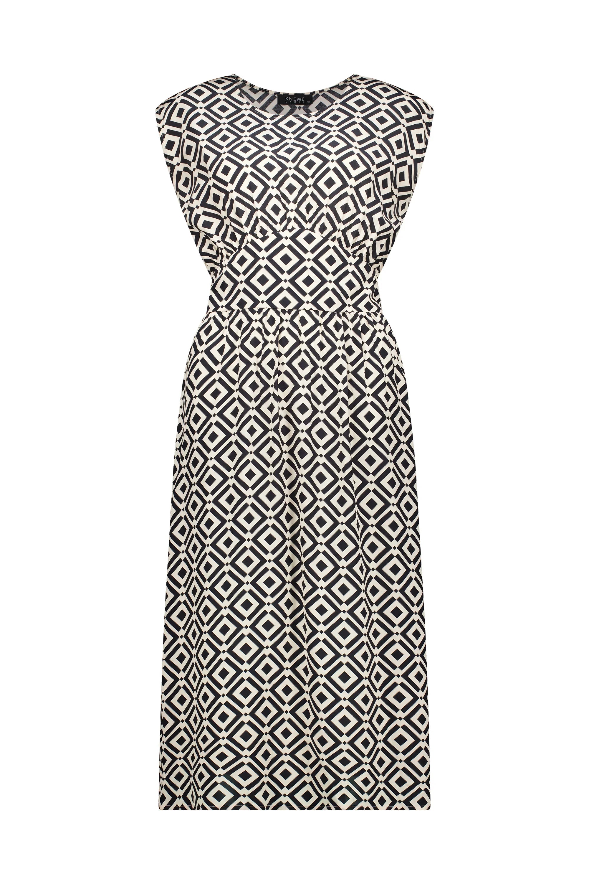 Sleeveless black and white geometric print midi dress with gathered waist, front view