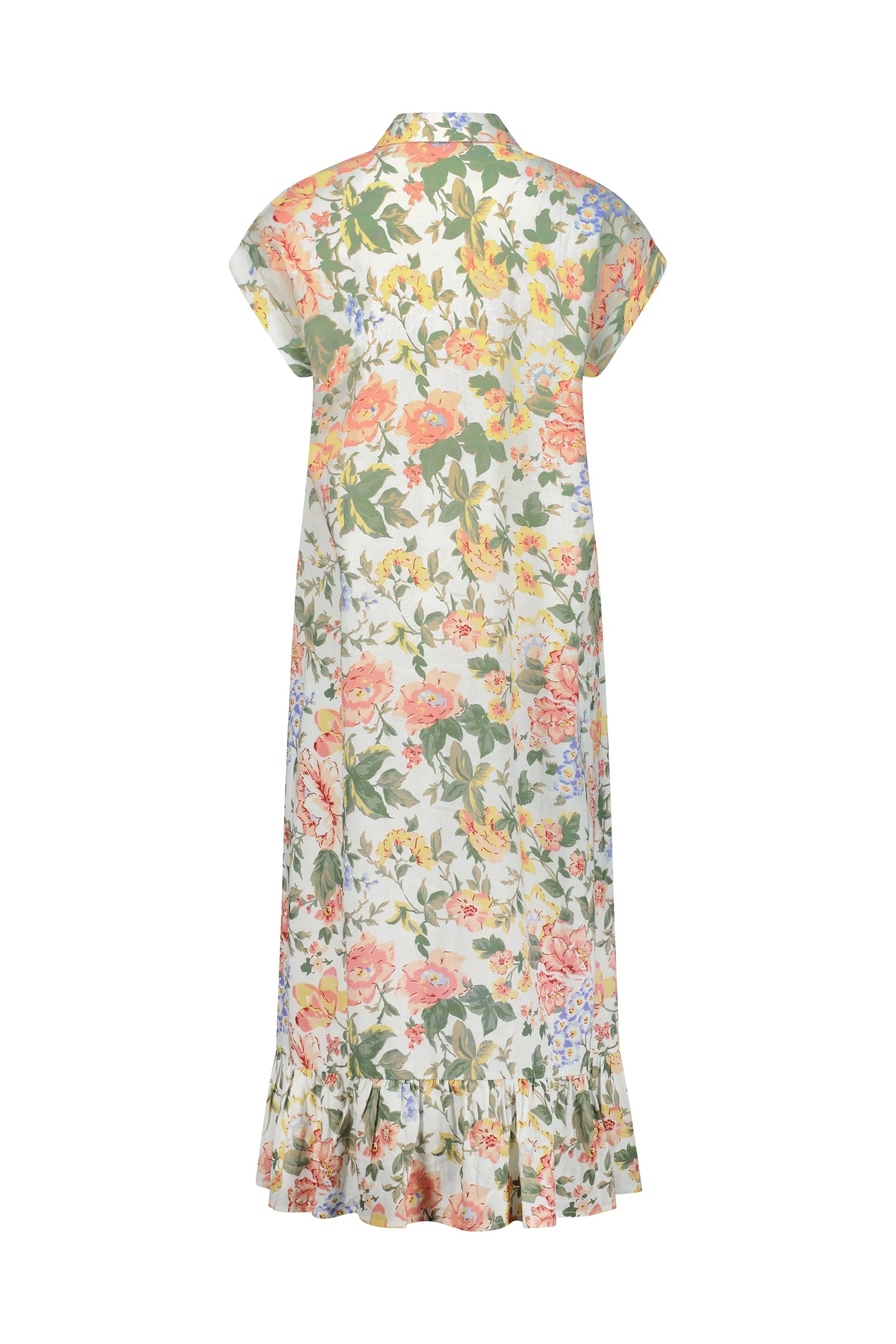 Back view of a floral midi dress with ruffled hem and short sleeves on white background