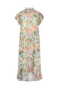 Front view of a floral short sleeve button-up midi dress with ruffle hem detail