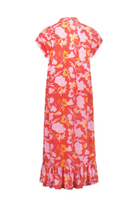 Back view of a short-sleeve red floral maxi dress with ruffle hem and pink, yellow flowers