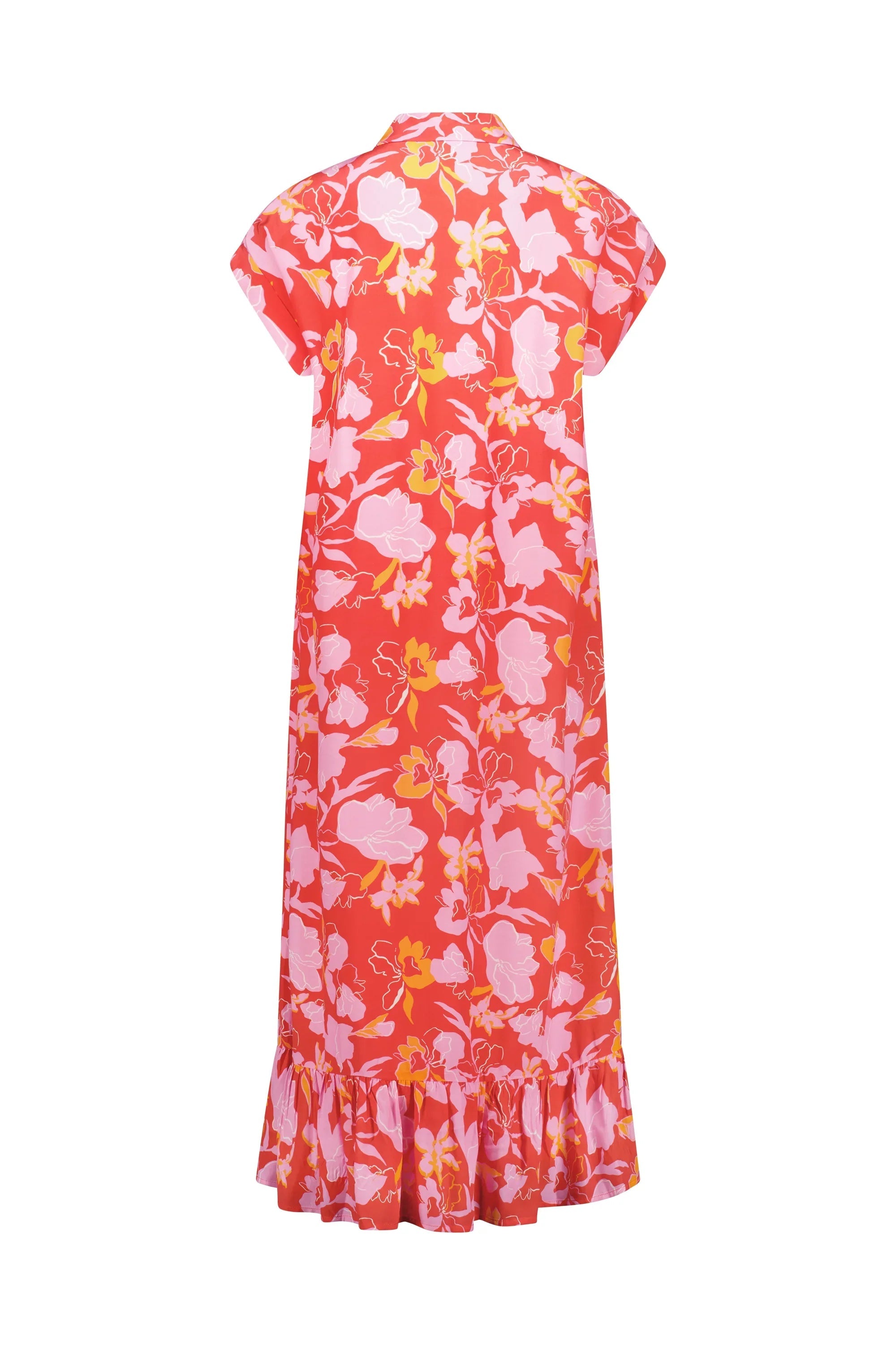 Back view of a short-sleeve red floral maxi dress with ruffle hem and pink, yellow flowers