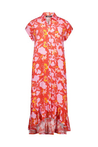 Red and pink floral button-front dress with short sleeves and ruffled hem