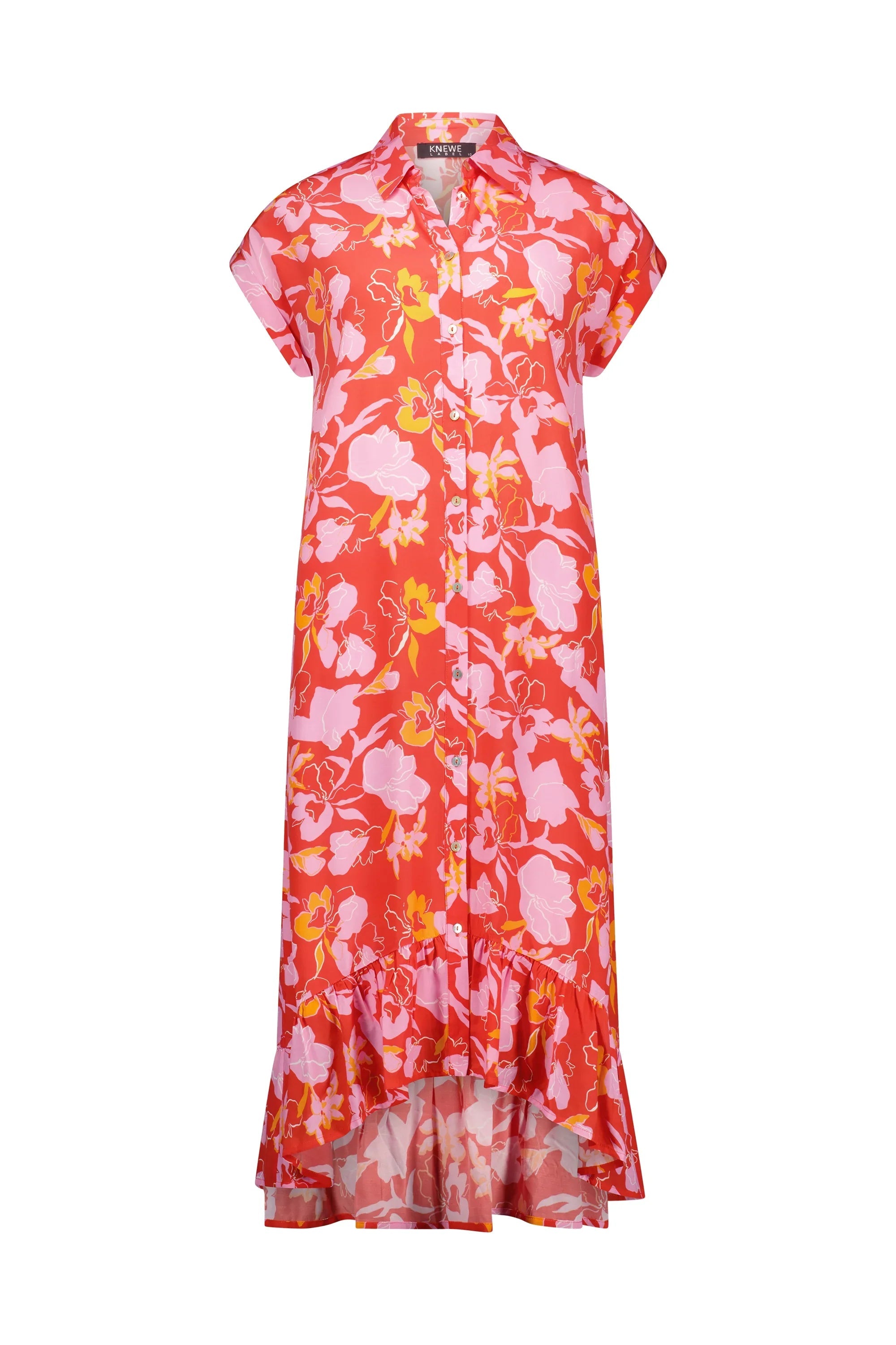 Red and pink floral button-front dress with short sleeves and ruffled hem