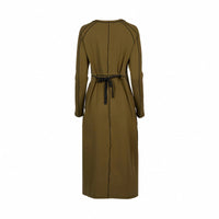 Back view of olive long sleeve midi dress with black waist tie and exposed seam detail