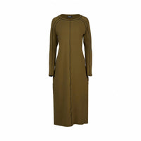 Olive green long sleeve midi dress with black seam details, contemporary style