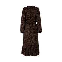 Back view of a mocha brown midi dress with abstract pattern, long sleeves, and ruffle hem