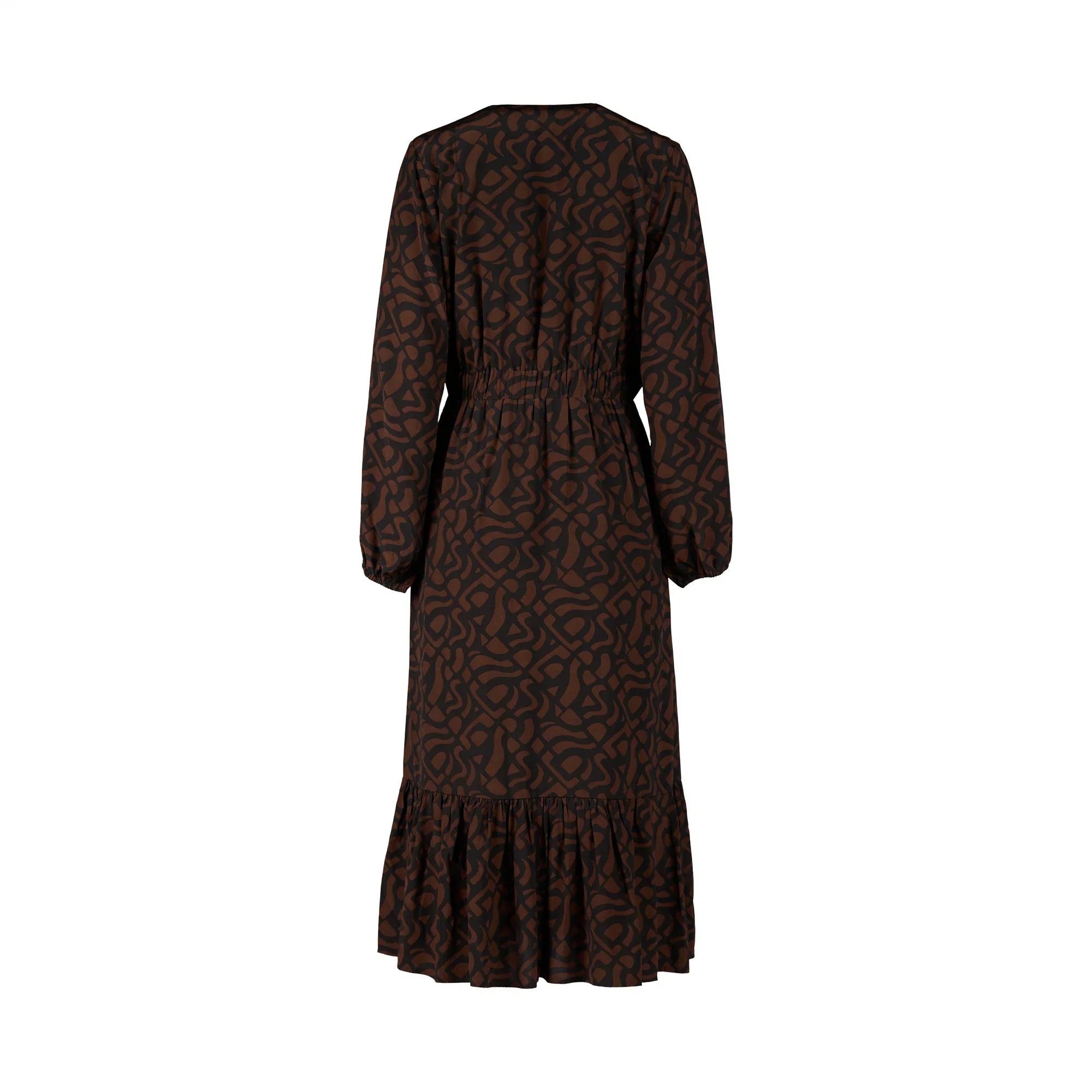 Back view of a mocha brown midi dress with abstract pattern, long sleeves, and ruffle hem