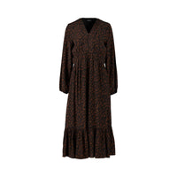 Long sleeve mocha midi dress with abstract brown print and gathered waist, on white background
