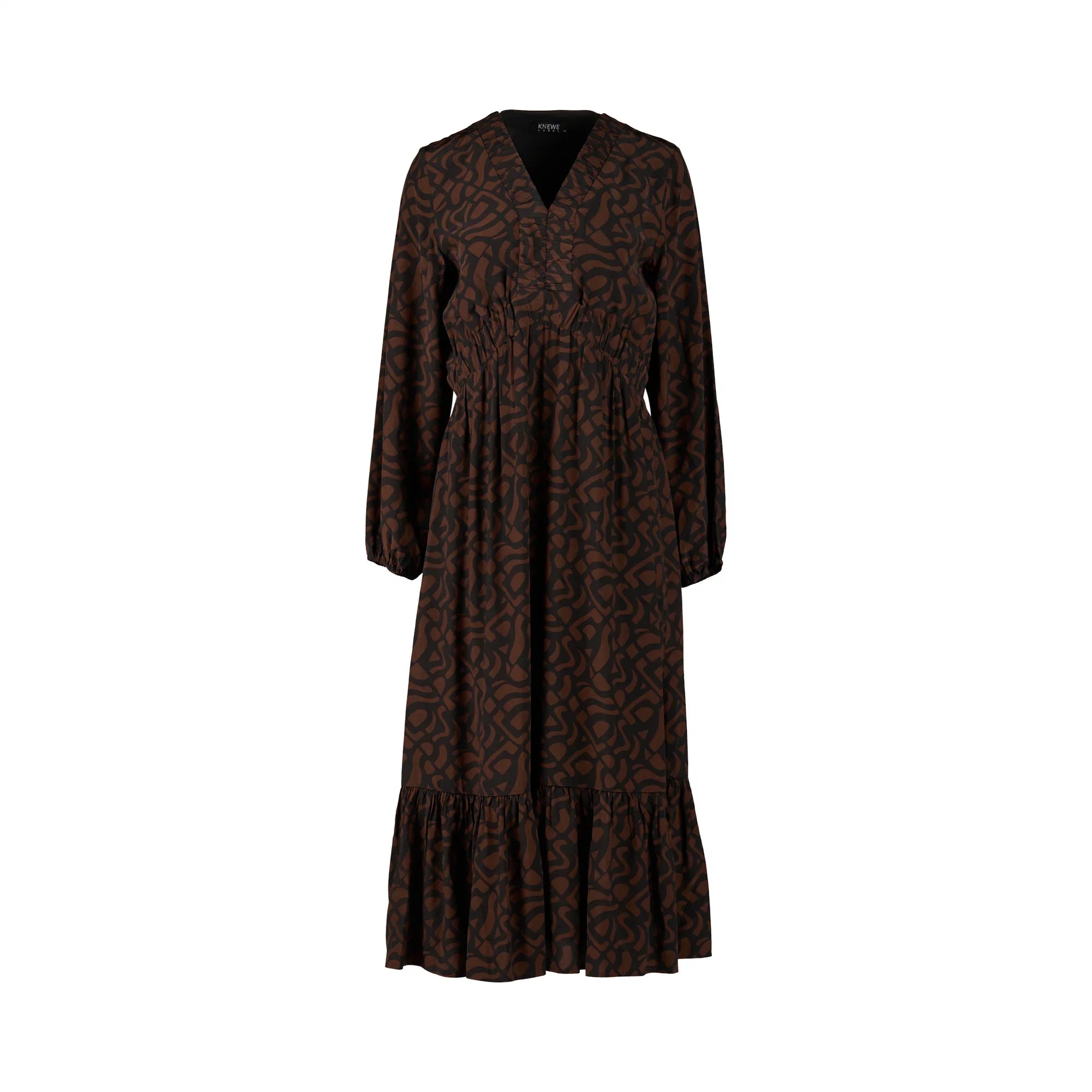 Long sleeve mocha midi dress with abstract brown print and gathered waist, on white background