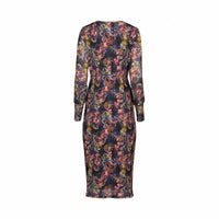 Back view of long-sleeve midi dress with colorful floral print on sheer fabric
