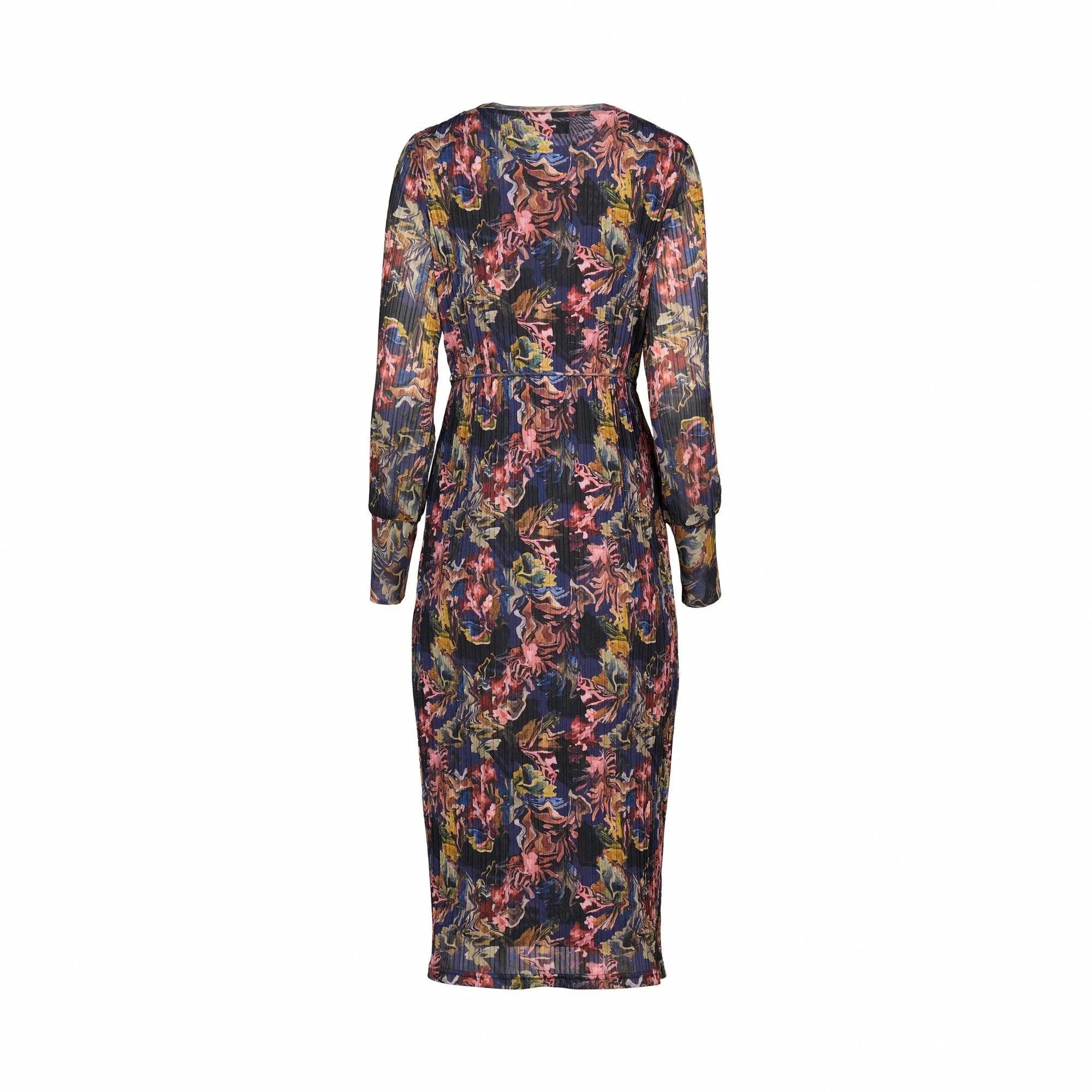 Back view of long-sleeve midi dress with colorful floral print on sheer fabric