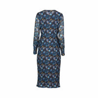 Back view of a long-sleeve floral midi dress in blue and brown abstract print