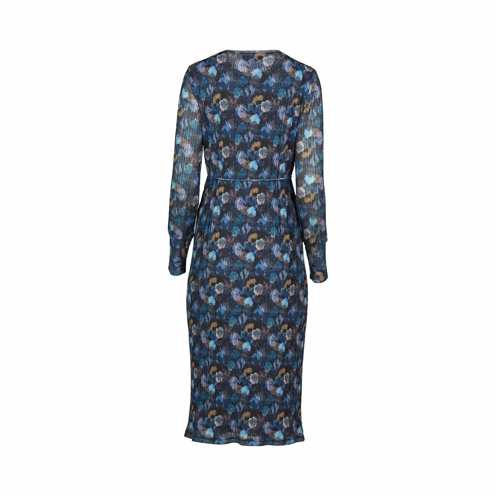 Back view of a long-sleeve floral midi dress in blue and brown abstract print