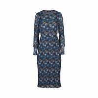 Long-sleeve midi dress with blue floral pattern and waist tie, front view on white background