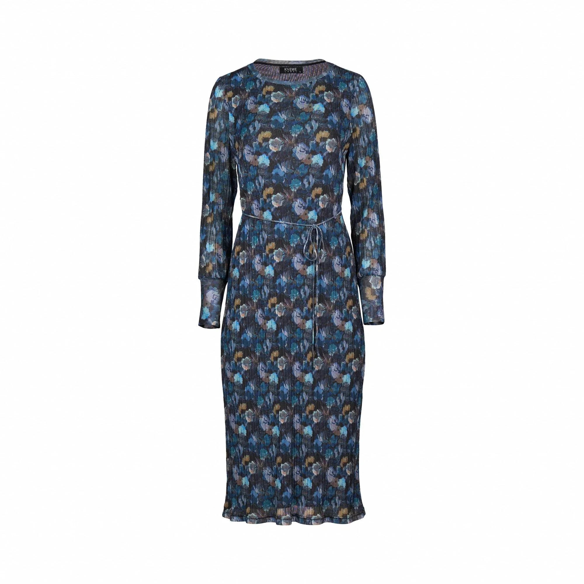 Long-sleeve midi dress with blue floral pattern and waist tie, front view on white background