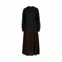 Black long sleeve dress with patterned mocha brown skirt, contemporary New Zealand fashion.