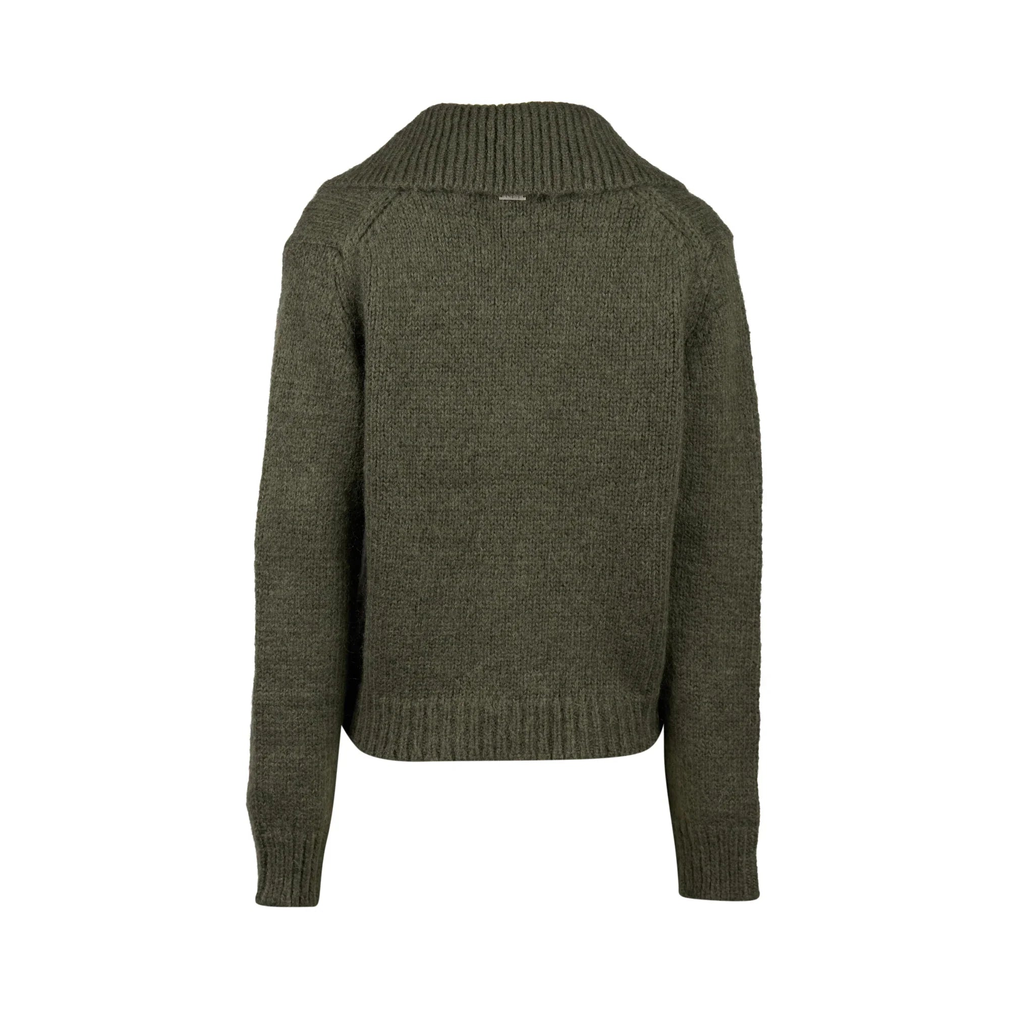Back view of olive green knit cardigan with ribbed collar and hem on white background