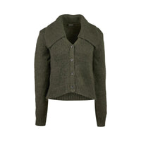 Hunter green knit button-up cardigan with wide collar and long sleeves, front view