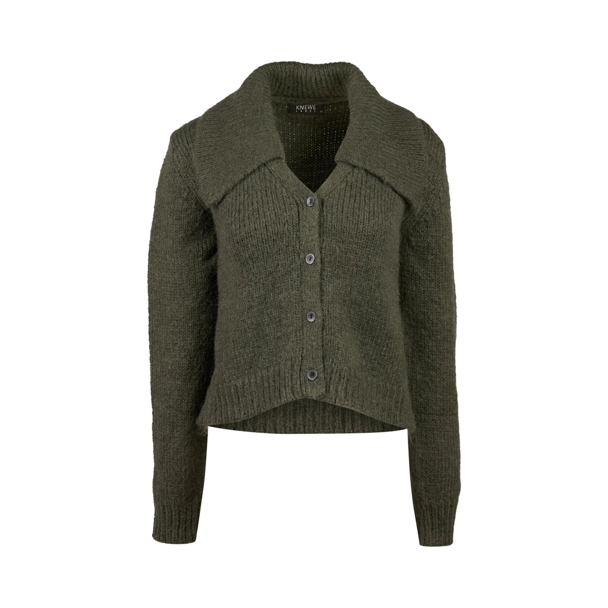 Hunter green knit button-up cardigan with wide collar and long sleeves, front view