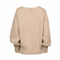 Back view of oatmeal knitted sweater with relaxed fit and ribbed cuffs, contemporary knitwear