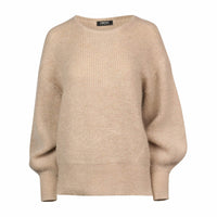 Oatmeal knit sweater with relaxed fit and ribbed cuffs, long balloon sleeves, front view
