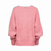 Back view of a relaxed fit pink knit sweater with long sleeves and ribbed hem.