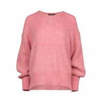 Soft pink knit sweater with crew neck and relaxed fit, long sleeves, on white background