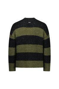 Khaki and black striped knit sweater, long sleeves, back view on white background