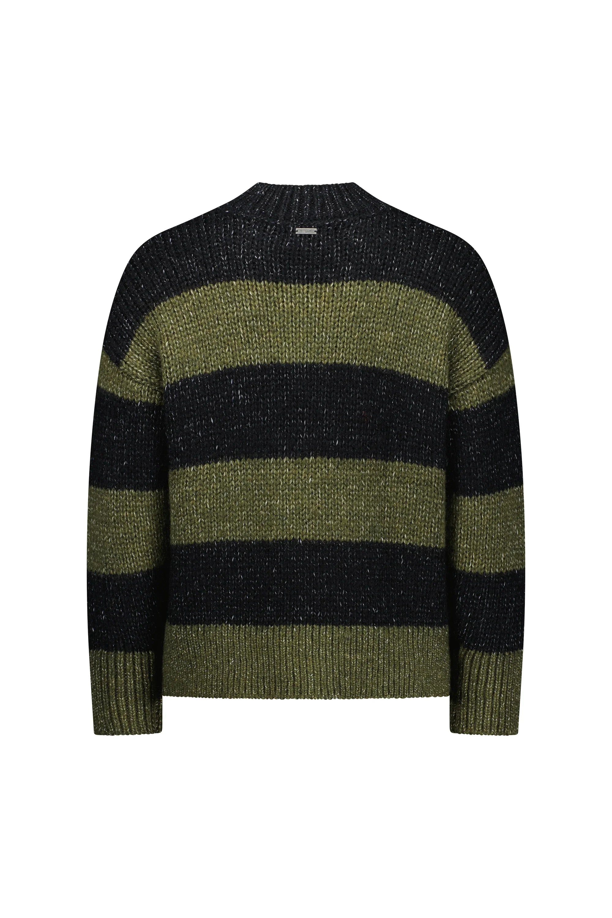 Khaki and black striped knit sweater, long sleeves, back view on white background