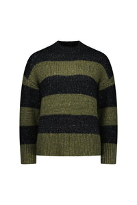 Khaki and black striped knit sweater with long sleeves and crew neckline, front view