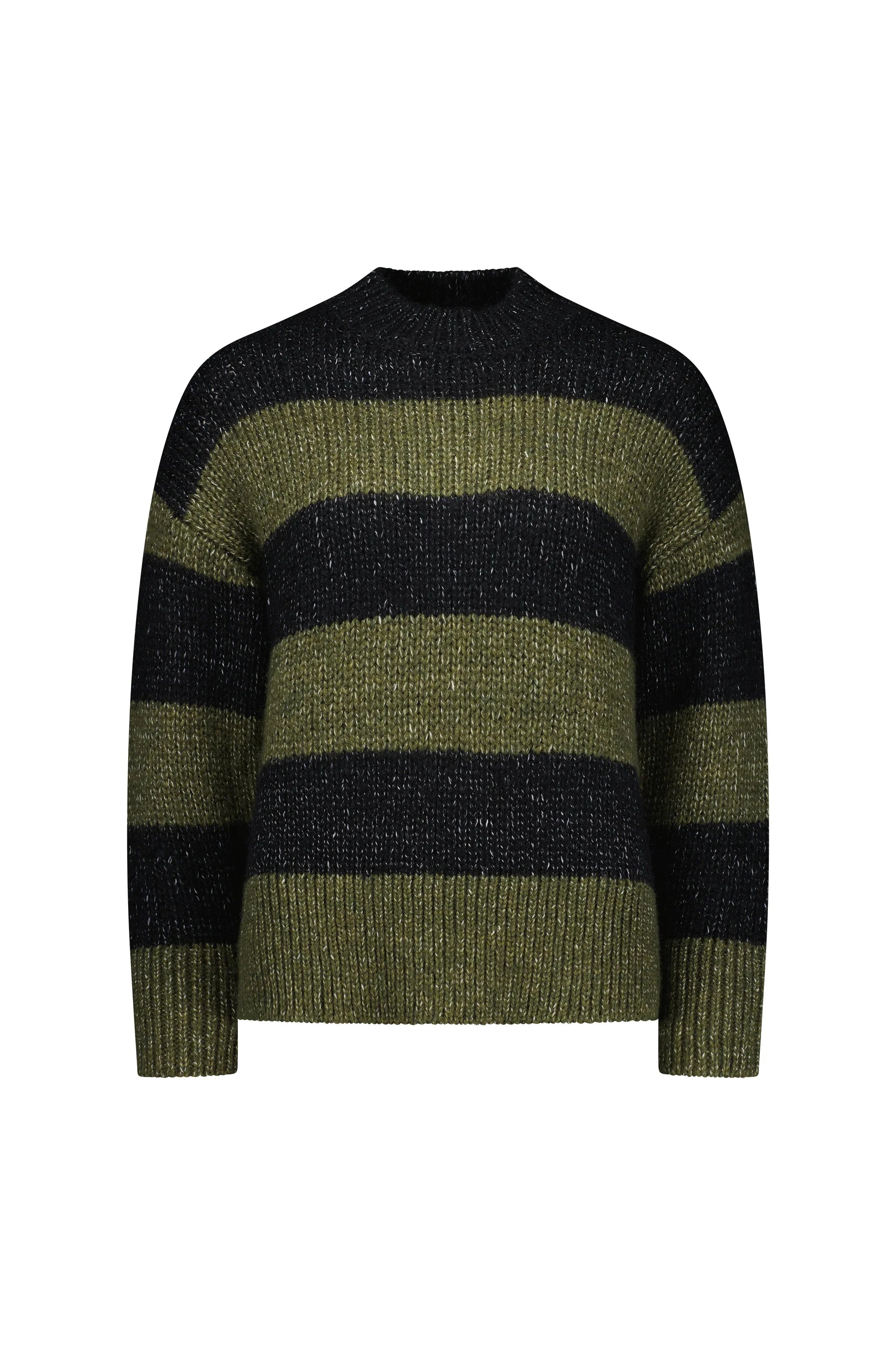 Khaki and black striped knit sweater with long sleeves and crew neckline, front view