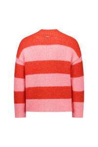 Back view of chunky knit sweater with wide pink and red stripes, long sleeves