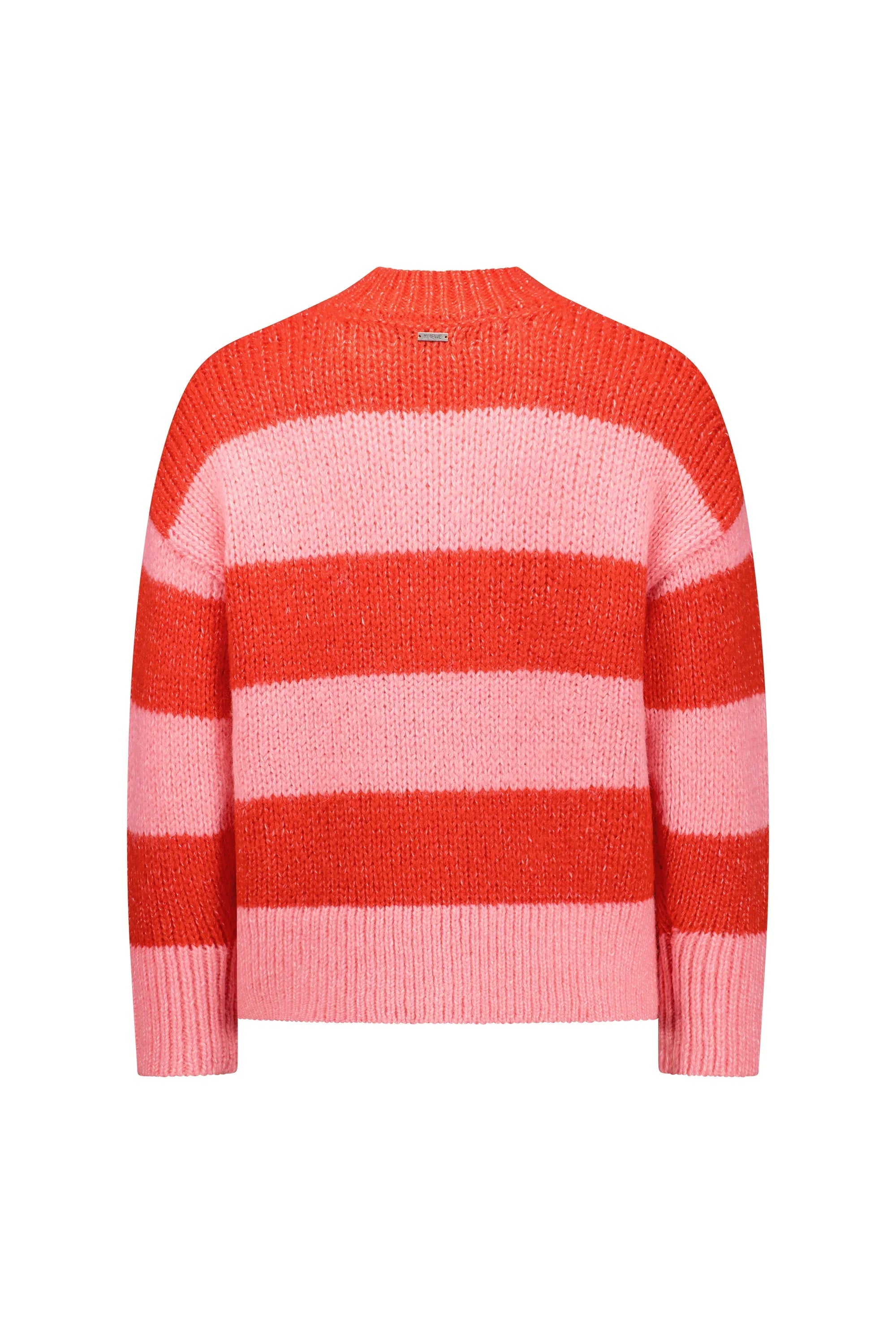 Back view of chunky knit sweater with wide pink and red stripes, long sleeves
