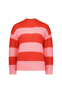 Chunky knit sweater with bold pink and red horizontal stripes and a crew neckline