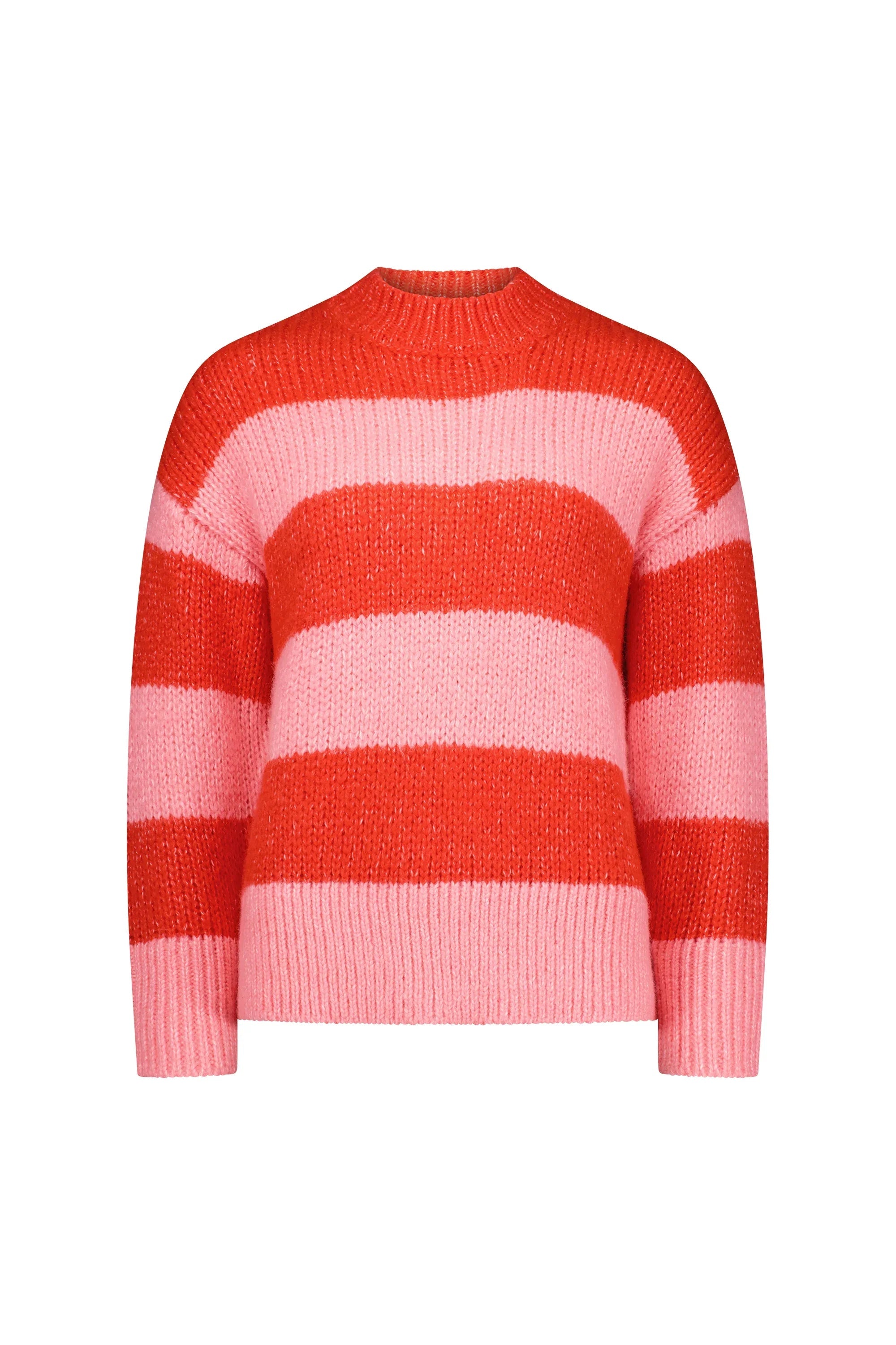 Chunky knit sweater with bold pink and red horizontal stripes and a crew neckline