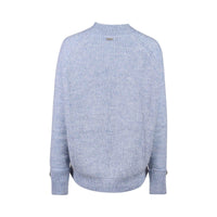 Back view of light blue knitted sweater with ribbed cuffs and hem
