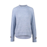Sky blue knit sweater with ribbed crew neck, long sleeves, buttoned cuffs, and relaxed fit